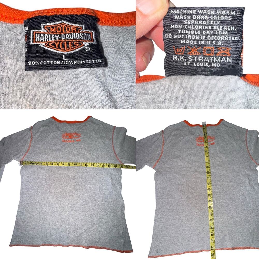 Harley-Davidson Women’s Gray Long Sleeve V-Neck T Shirt Orange Trim Tacoma WA LG - Picture 10 of 10